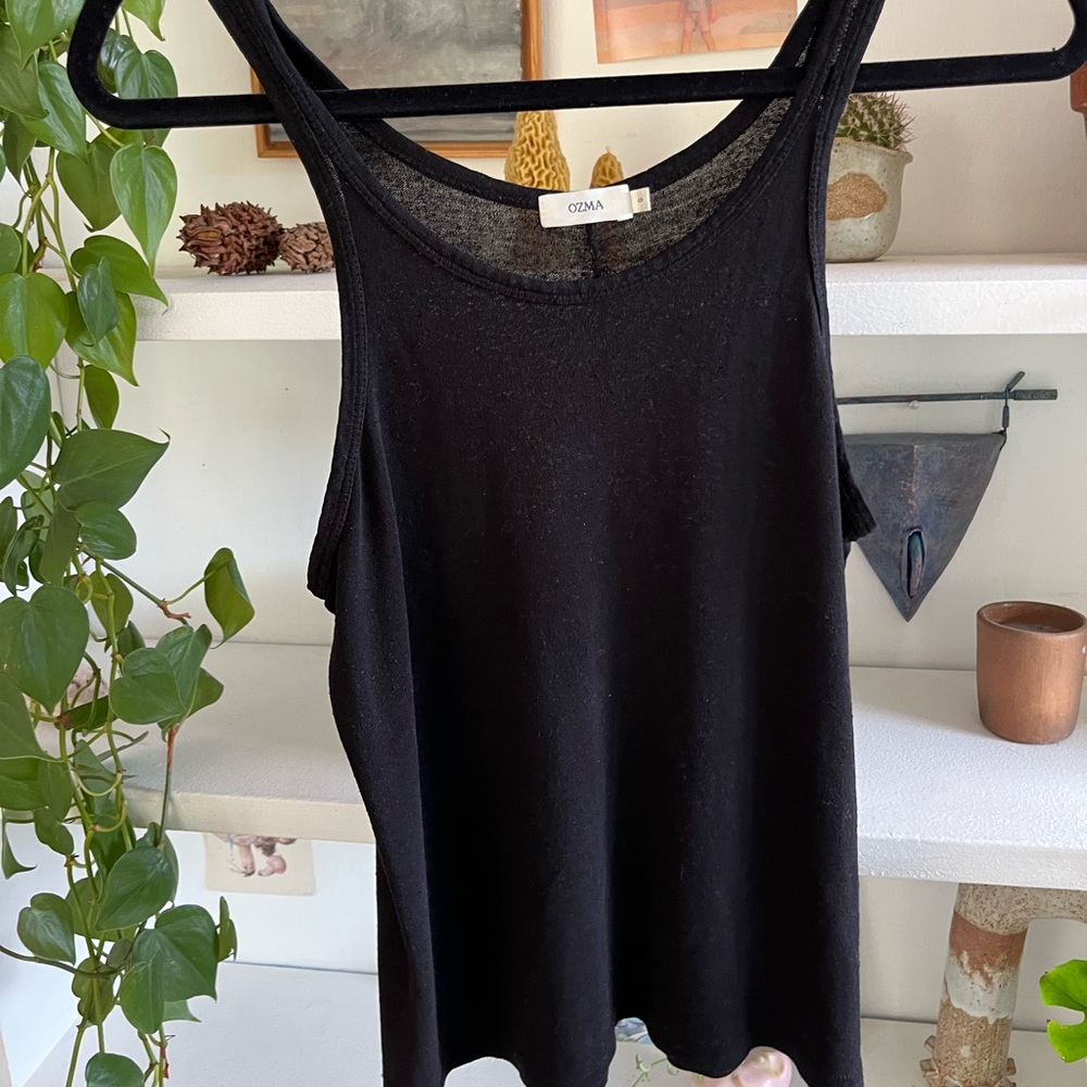 Ozma of California raw silk tank top racer neck black tank slow fashion medium